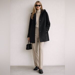 Max Mara Virgin Wool Single Breasted Hooded Coat Black Size 6 Fur Lined Hood